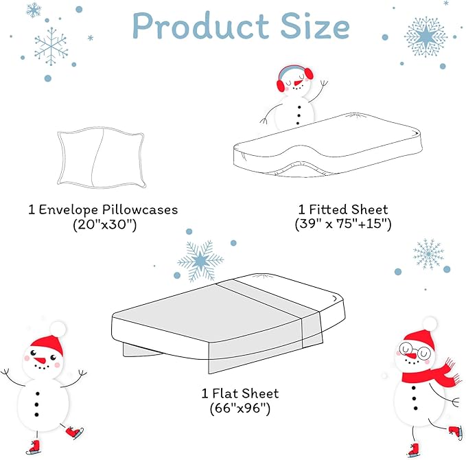 JSD Snowman Kids Sheet Set Twin Size, 3 Piece Blue Snowflakes Christmas Printed Microfiber Sheets Deep Pocket