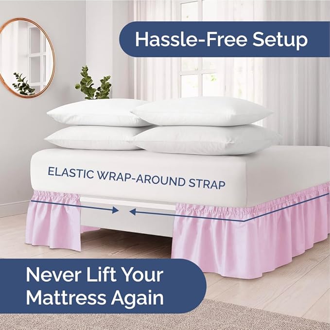 Wrap Around Dust Ruffle Bed Skirt - Light Pink - for Full Size Beds with 18 Inch Drop - Elastic Strap - Adjustable Pleated Bedskirt with Brushed Fabric and Wrinkle Free - for Women, Men, Kids & Teens