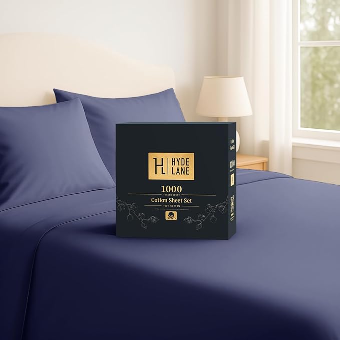 Hyde Lane Luxury 1000 Thread Count 100% Cotton Sheets | Very Soft & Thick - Fits Upto 20" Mattress | Sateen Weave Bed Sheets 18" Deep Pocket- 4 PC Sheet Set (Navy, California King)