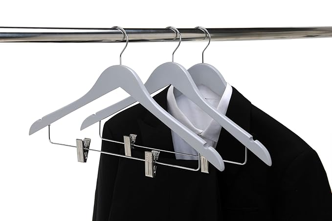 Quality Wooden Skirt Hangers with Clips 80-Pack Grey Pants Hangers with Adjustable Chrome Metal Clips, Swivel Hook, Coat, Jacket, Blouse Suit Hangers (Gray, 80)