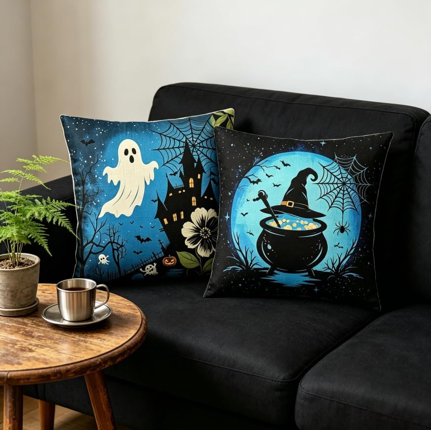 Halloween Throw Pillow Covers, Ghost and Witch Cauldron Design, 18x18 Inch - Image 5