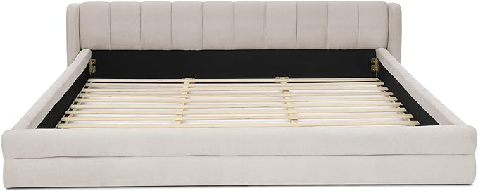 DEINPPA King Size Bed Frame with Cloud Soft Headboard, Chenille Upholstered Grounded Wood Base Bed Frame, No Box Spring Needed-Beige