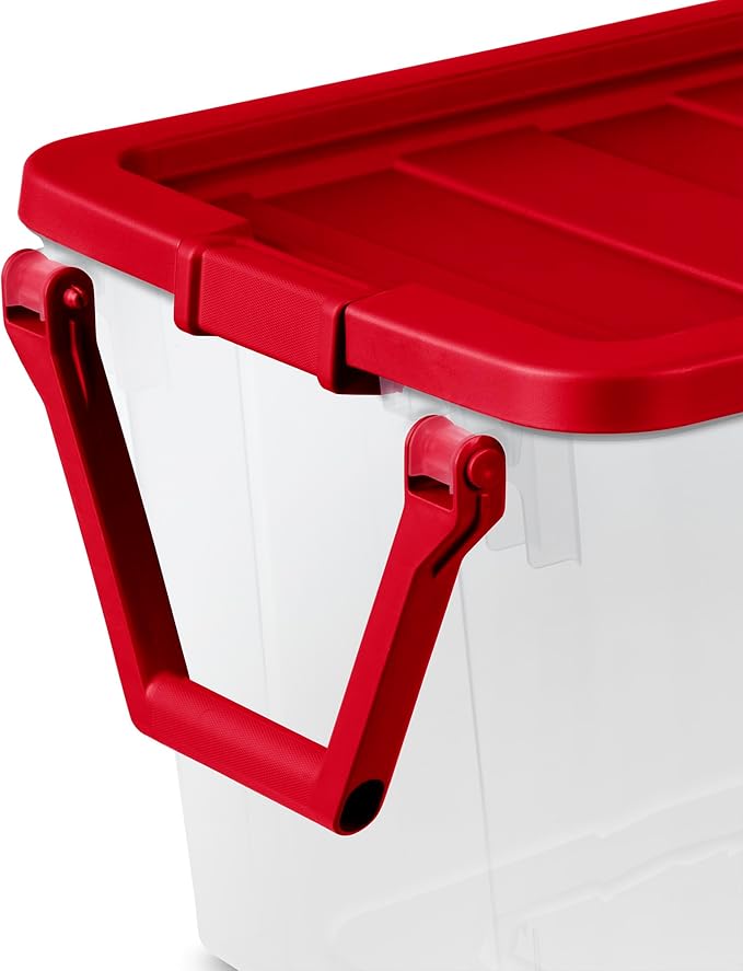 Sterilite 2 Pack Wheeled Storage Box, Large Clear Plastic Container, Durable Home Organizer with Red Lid and Rotating Handle, 160 Quart