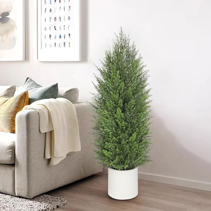 Briful 2PCS 4ft Artificial Cedar Topiary Trees in White Planter – Medium Faux Evergreen Potted Plants, Indoor Outdoor Fake Shrubs, Lifelike Fake Cypress Trees for Home, Office, Patio, Porch