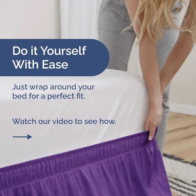 Wrap Around Dust Ruffle Bed Skirt - Purple - for Queen Size Beds with 21 Inch Drop - Easy Fit Elastic Strap - Adjustable Pleated Bedskirt w/Brushed Fabric Wrinkle Free - for Women, Men, Kids & Teens
