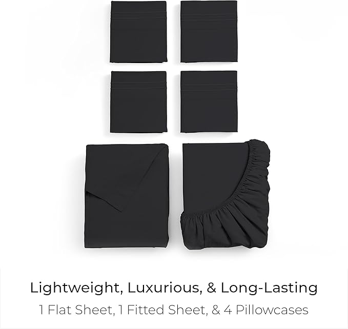 Mellanni California King Sheet Set - 6-Piece Iconic Collection Bedding, (Including 4 Pillowcases), 21-Inch Extra Deep Pocket, Easy Care, Ultra Soft, Cooling Sheets, Brushed Microfiber - Black
