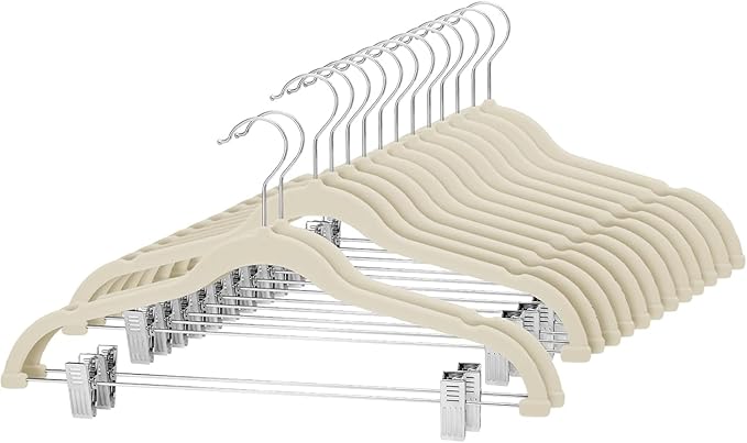 Cozymood Velvet Skirt Hangers 72 Packs Ultra Thin Velvet Hanger with Clips Non Slip Pant Hangers Space Saving Clothes Hangers, Clip Hanger for Pants, Skirts, Jeans, Shorts (Beige)