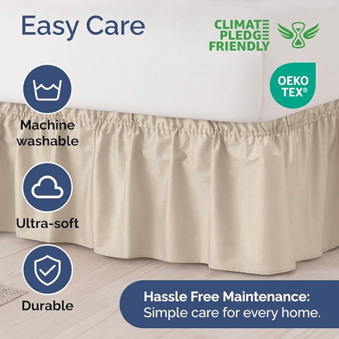 Wrap Around Dust Ruffle Bed Skirt - Wheat - Twin/Twin XL Size Beds w/ 12 Inch Drop - Easy Fit Elastic Strap - Adjustable Pleated Bedskirt w/Brushed Fabric - Wrinkle Free - Women, Men, Kids & Teens
