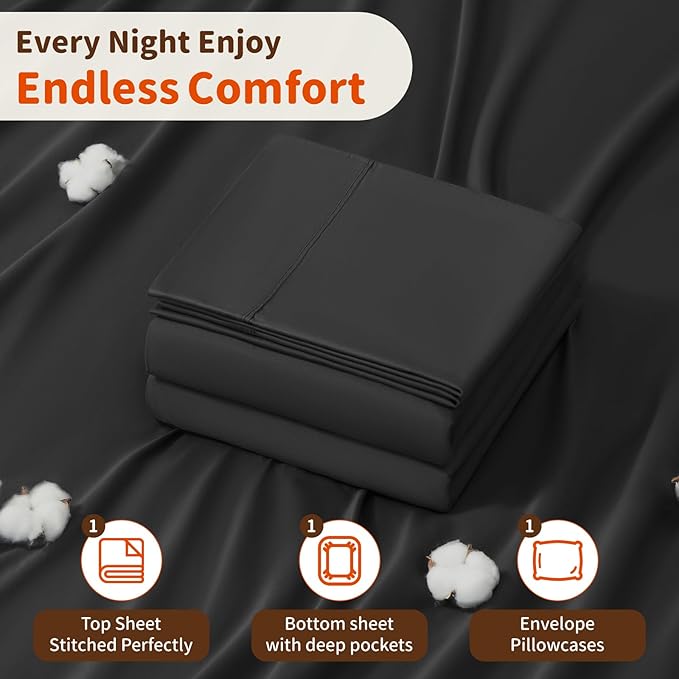 LBRO2M 1000 Thread Count 100% Egyptian Cotton Sheets Set Twin, 3 Piece Sets Bed Sheet Deep Pocket Sheet Set 16" Soft Comfortable All Season (Twin, Black)