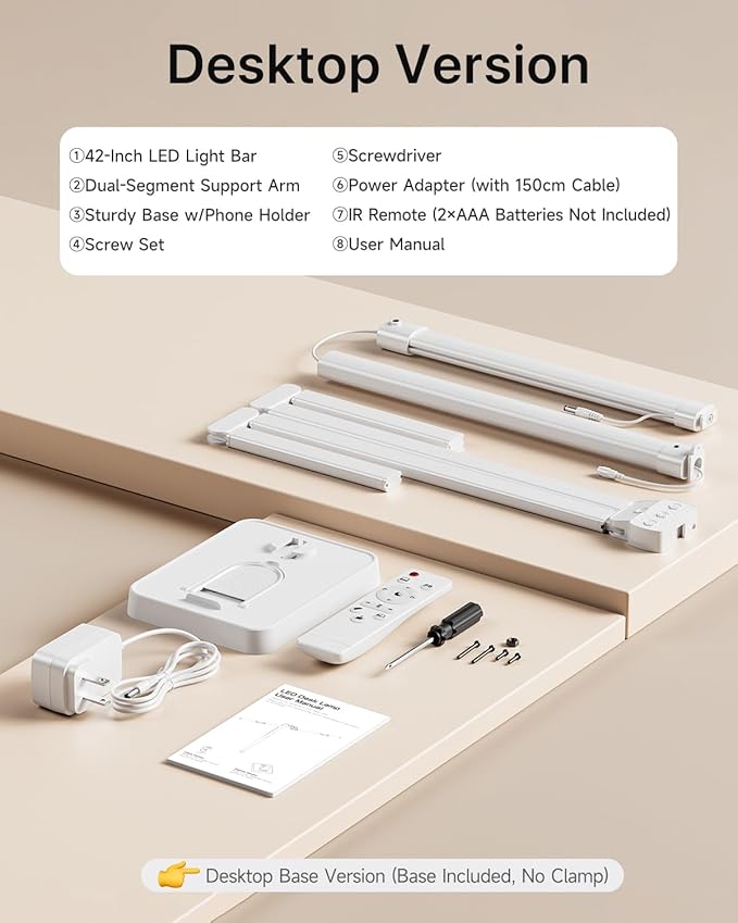 ONEMIX 42" LED Desk Lamp for Home Office, Eye-Caring Desk Light with Adjustable 4-Segment Bar, 1800LM Bright, Remote, Architect Table Lamp with Base for Dual Monitors, Reading, Study, Workbench(White)