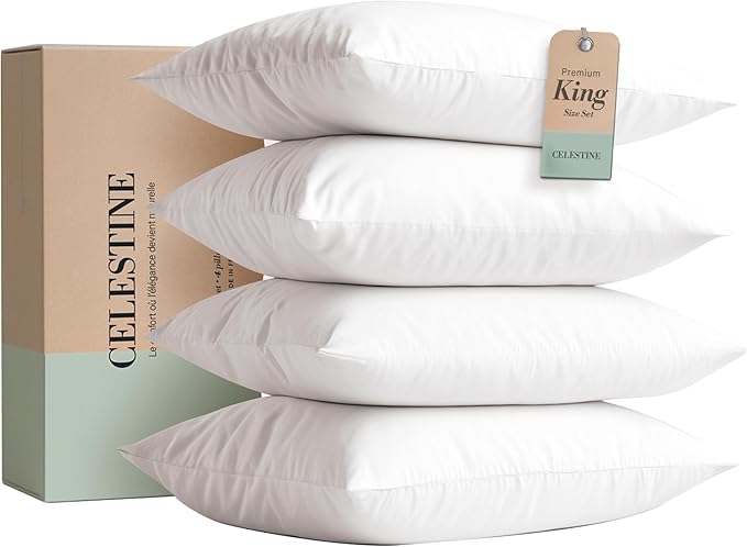 CELESTINE King Size Bed Pillows Set of 4 – Soft & Supportive Down Alternative Microfiber Filling, Plush White 36x20 Sleeping Pillows for Side and Back Sleepers, Breathable, Machine Washable