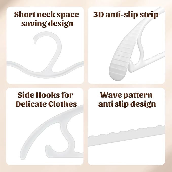 24 Pack Upgraded Short Neck Vertical Space Saver Hangers Heavy Duty Wide Shoulder Clothes Hangers Built-in Dual Hooks Wave Pattern Non-Slip Plastic Hangers for Coats Suits Dresses Pants - White