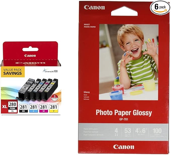 Canon PGI-280XL/CLI-281 5 Color Pack Compatible to TR8520, TR7520, TS9120 Series,TS8120 Series, TS6120 Series and CanonInk Glossy Photo Paper 4"x 6" 100 Sheets (1433C001)