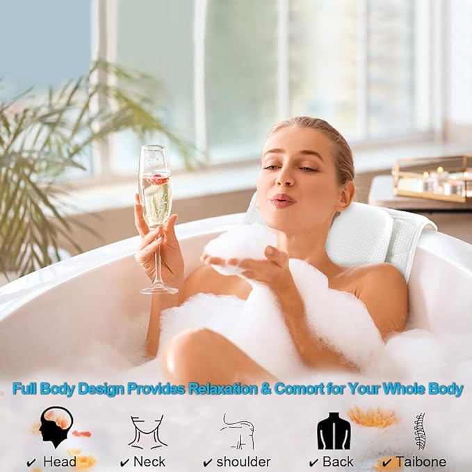 OMYSTYLE Full Body Bath Pillow, Bath Pillows for tub with Mesh Washing Bag & 21 Non-Slip Suction Cups, Spa Bathtub for Head Neck Shoulder and Back Support - 5D Air Mesh & Quick Drying