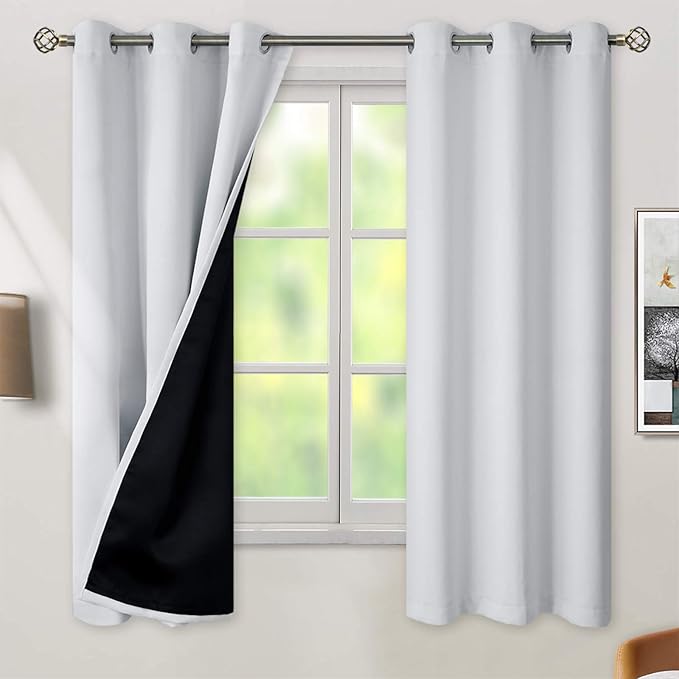 BGment Greyish White 100% Blackout Curtains for Bedroom 63 Inch Length 2 Panels Set, Thermal Insulated Full Light Blocking Grommet Noise Cancelling Window Curtains for Nursery, 38 Inch Wide Each