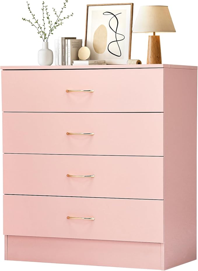 Karl home 4 Pink Drawer Dresser, Modern Chest of Drawers, Wood Bedside Table Night Table,Anti-Tipping Device, Rose Gold Metal Handle