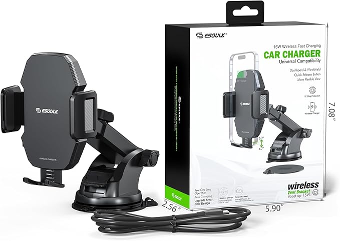 Car Phone Holder &15W Wireless Fast Charger, Auto-Clamp Qi Charging Mount, 360° Adjustable Phone Holder for iPhone/Android, Air Vent Mount with Overcharge Protection - by Esoulk