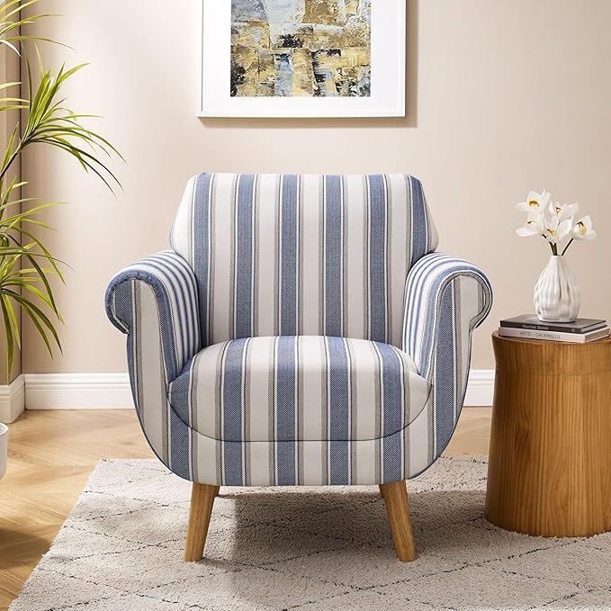 VANOMi Mid-Century Accent Chair with Stripe Pattern, Modern Linen Fabric Armchair with Wood Legs, Club Chair for Living Room, Comfy Upholstered Side Chairs for Bedroom, Reading, Small Place (Navy)