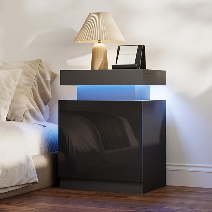 MXV Nightstand Set of 2 with LED Lights,Night Stand with Storage Cabinet for Bedroom,Bedside Table with LED (Black, 17.7IN)