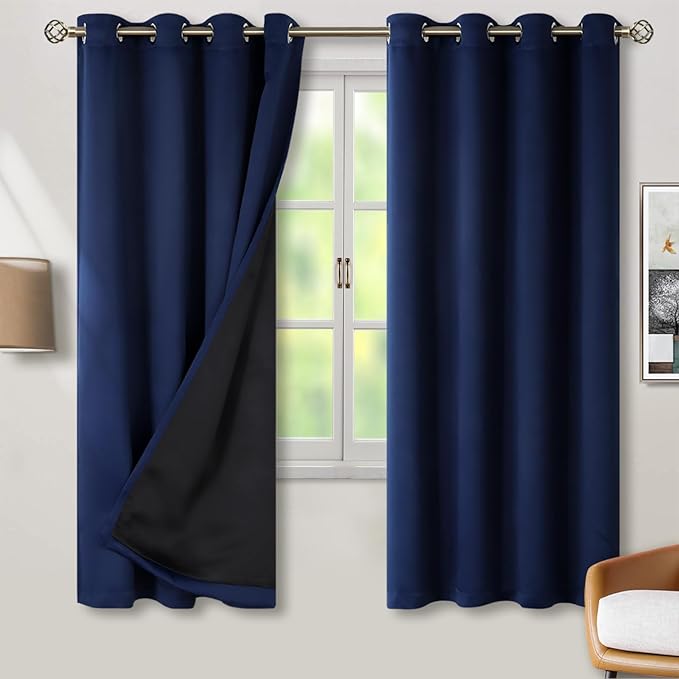 BGment Thermal Insulated 100% Blackout Curtains for Bedroom with Black Liner, Double Layer Full Room Darkening Noise Reducing Grommet Curtain (55 x 69 Inch, Navy Blue, 2 Panels)