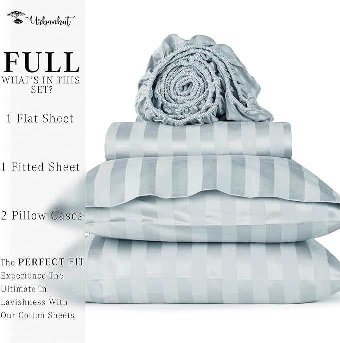 URBANHUT 800 Thread Count 100% Cotton Damask Full Size Sheets, 4 Piece Striped Full Size Bedsheets, Luxury Hotel Sheets Sateen Weave - Better Than Egyptian, 16" Elasticized Deep Pocket- Light Blue