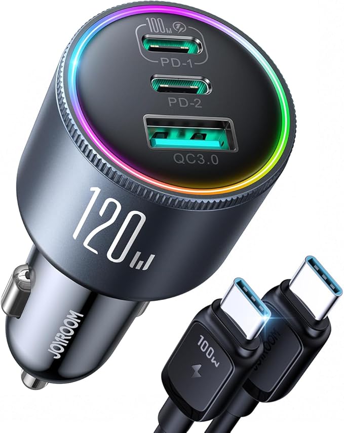 JOYROOM 120W Super Fast Car Charger USB C, 3-Port PD100W+PD35W Car Charger for iPhone 16 with USBC Cable, Type C Fast Charging Adapter for iPhone 16e/15 Pro Max, Samsung Galaxy S25 S24, iPad, Laptop