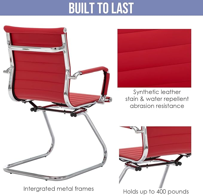 Wahson Office Guest Chairs Set of 8, Leather Reception Chairs, Mid Back Waiting Room Chair, Conference Chairs with Sled Base, Desk Chair No Wheels for Meeting/Lobby/Restroom, Dark Red
