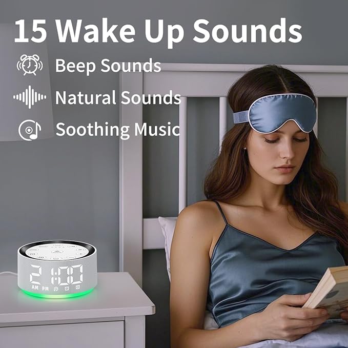 Sound Machine White Brown Noise Machine with 30 Sleeping Sounds for Baby Kids Adults Night Light Bedroom Alarm Clock 2 Alarms Backup Battery 32-Level Vol 15 Wake up Sounds for Mild Heavy Sleeper