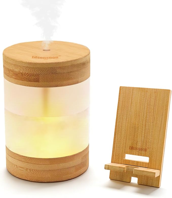 Bamboo Ultrasonic Cool Mist Humidifier with Phone Stand, 400ml Quiet Desktop Mini Humidifier with Dual LED Night Light, USB-C Powered, Auto Shut-Off for Bedroom, Office & Home