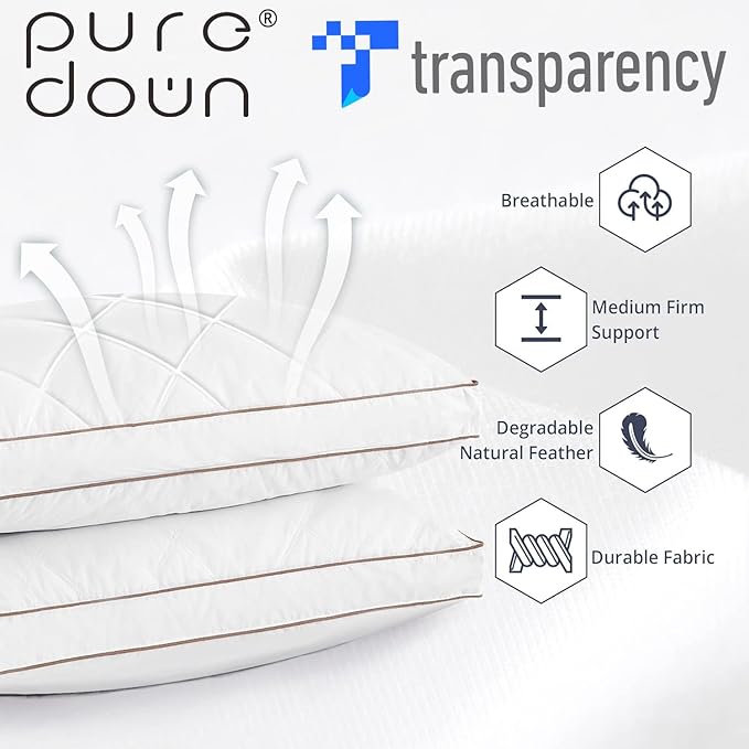puredown® Goose Feathers and Down Pillow for Sleeping Hotel Collection Bed Pillows, Gusseted, King, Set of 2