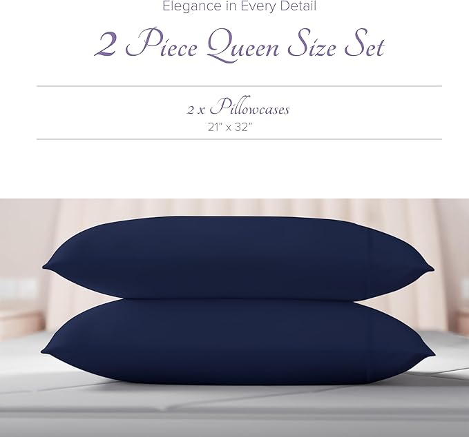 Carressa Linen 100% Egyptian Cotton Pillow Cases Queen Size Set of 2 - Luxury 600 Thread Count Navy Blue Standard/Queen Size Pillowcases, Silky Soft, Cooling Sateen Weave Hotel Quality Pillow Cover
