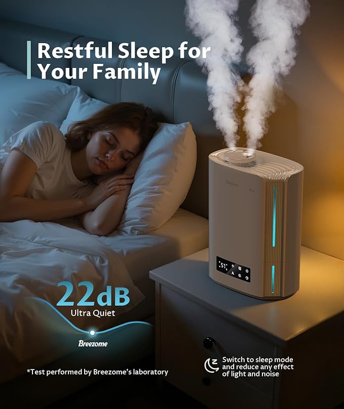 BREEZOME 6L Humidifiers for Bedroom Large Room & Essential Oil Diffuser, Ultrasonic Top Fill Cool Mist Humidifiers for Baby, Plants, Nursery Last up to 60 Hours, Smart Humidistat Control, Quiet, White