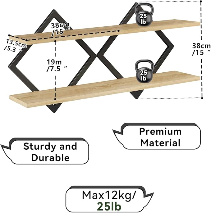 IBUYKE Floating Shelves,15 Inch Wall Shelf Set of 2,Wall Mounted Shelves,2 Tier Hanging Decorative Storage Shelf for Living Room, Bedroom, Bathroom, Kitchen TFS003R-2