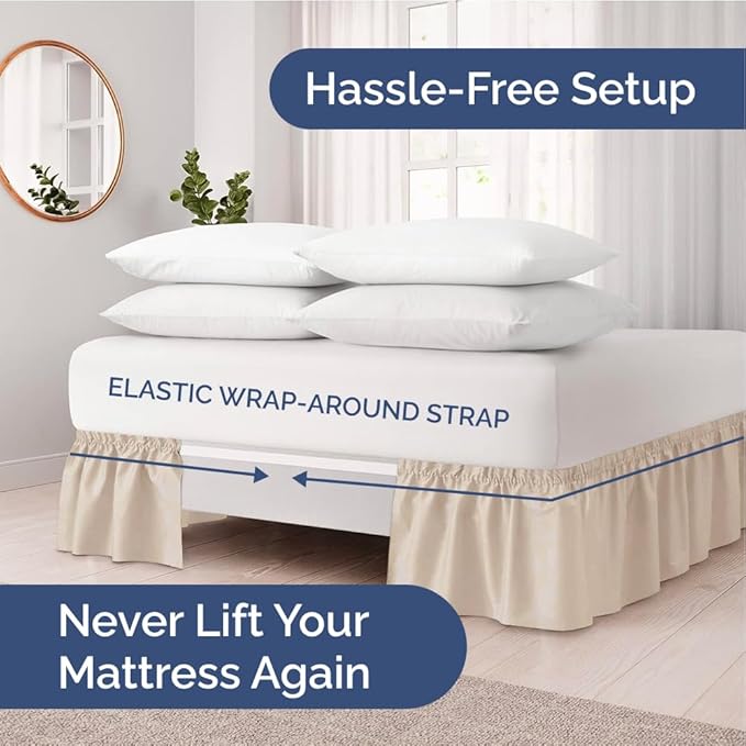 Wrap Around Dust Ruffle Bed Skirt - Wheat - Twin/Twin XL Size Beds w/ 12 Inch Drop - Easy Fit Elastic Strap - Adjustable Pleated Bedskirt w/Brushed Fabric - Wrinkle Free - Women, Men, Kids & Teens