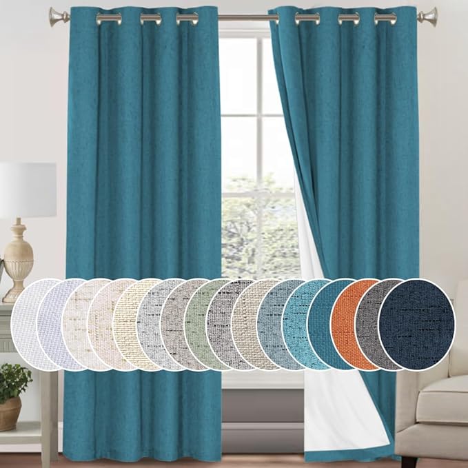 PrinceDeco 100% Blackout Linen Textured Curtains for Living Room Black Out Curtains 96 Inch Long 2 Panels Set Grommet Room Darkening Curtains & Drapes Boho Home Decor for Bedroom, Blue Sapphire