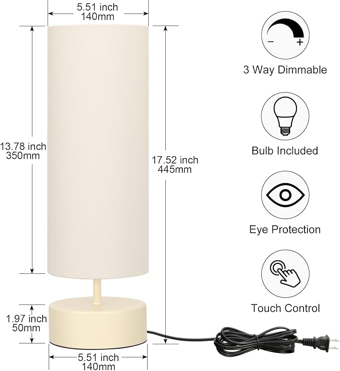Touch Control Table Lamp, 3 Way Dimmable Bedside Table Lamp with Cream Base, Simple Nightstand Lamp with Beige Shade, Modern Night Light for Bedroom Living Room Home Office, 9W LED Bulb Included