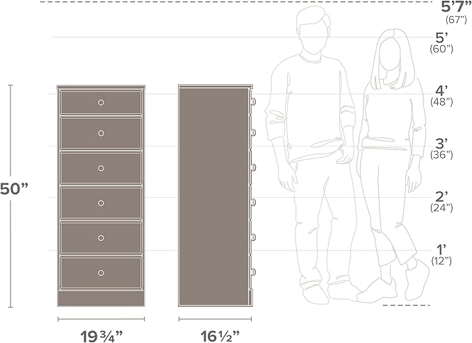 Prepac Astrid Tall Black Dresser for Bedroom: 16.5"D x 19.75"W x 50"H, 6-Drawer Chest for Bedroom by Prepac - Perfect Chest of Drawers for Ample Storage in Narrow Spaces