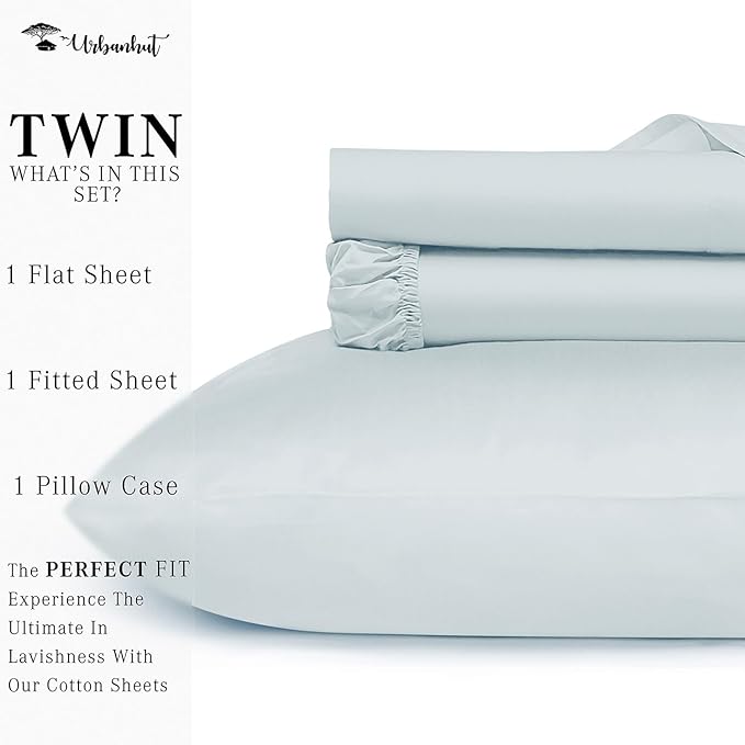 URBANHUT 800 Thread Count 100% Cotton Twin Size Sheets, Luxury 4 Piece Twin Bedsheets, Hotel Sheets Sateen Finish - Better Than Egyptian, 14" Elasticized Deep Pocket - Light Blue