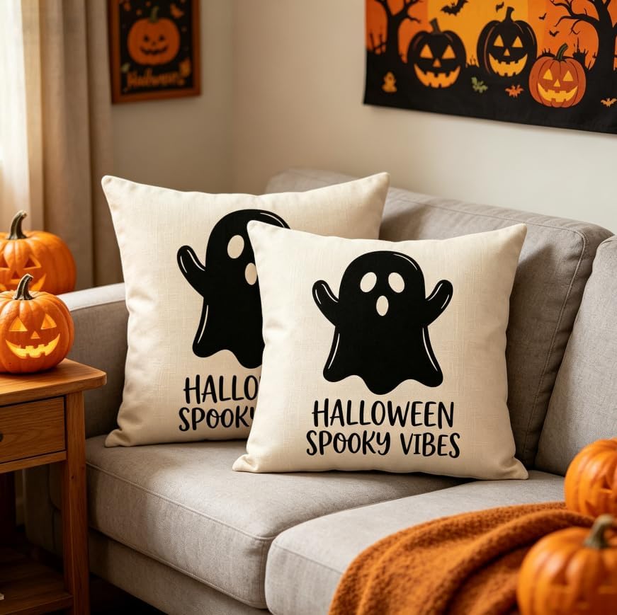Halloween Ghost Throw Pillow Covers, 18x18 Inch, Spooky Vibes Design, Machine - Image 3