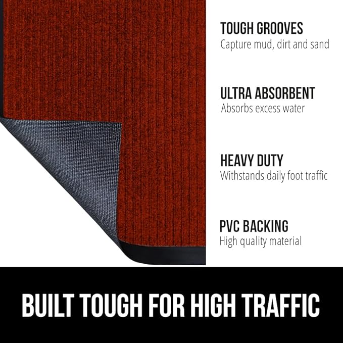 GORILLA GRIP Waterproof Traffic Guard Door Mat, 2 Pack Heavy Duty Entryway Mats, Strong Rubber Back Commercial Utility Rugs for Office Hallway, Garage Floor and Home, Low Profile Carpet, 29x17, Red