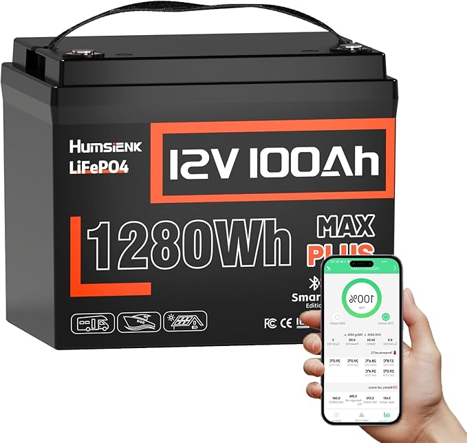12V 100Ah LiFePO4 Lithium Battery MAX Bluetooth 5.0 IP67, Built-in 110A BMS 15000+ Deep Cycles 1280Wh Lithium Battery, for RVs Marine