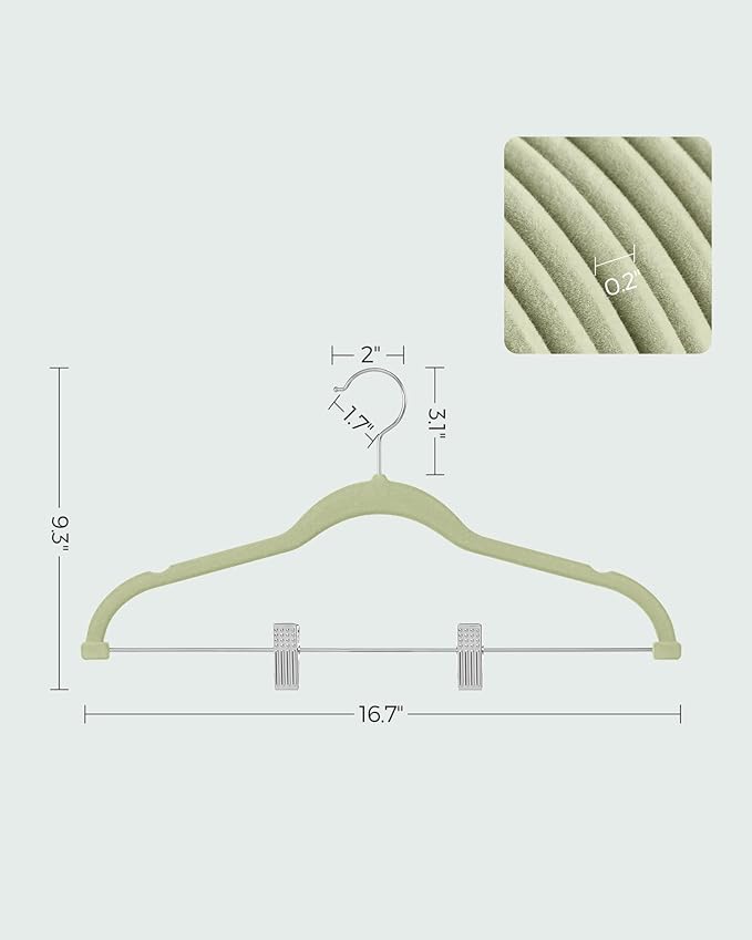 SONGMICS 30-Pack Pants Hangers, 16.7-Inch Long Velvet Hangers with Adjustable Clips, Heavy-Duty, Non-Slip Skirt Hangers, Space-Saving for Pants, Skirts, Coats, Dresses, Pale Green UCRF012GR30