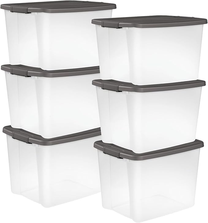 Sterilite 6-Pack ShelfTote, Clear Plastic Storage Bins with Lids, 50 Quart, Gray - Stackable Organizing Container Boxes for Closet, Bathroom, and Office