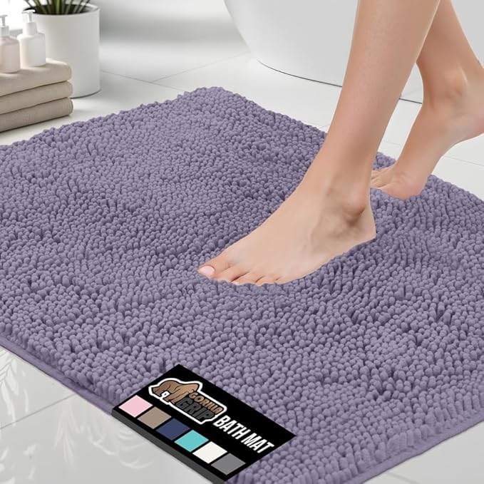GORILLA GRIP Bath Rug Mat 30x20, Soft Absorbent Chenille, Quick Dry Microfiber Mats, Rubber Backing Washable Shower Floor Rugs, Bathmat Runner, US Designed Bathroom Decor Accessories Light Purple