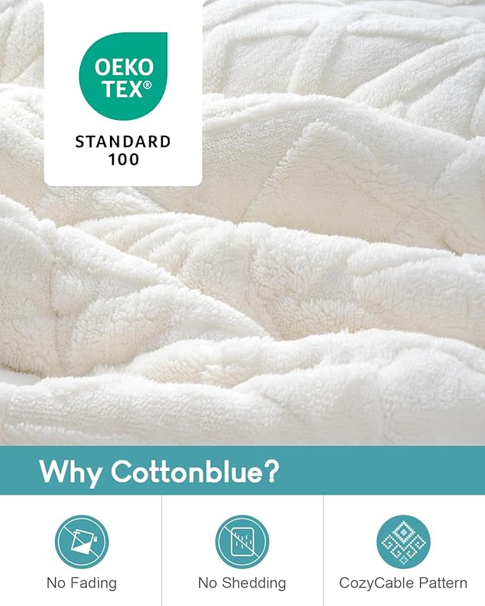 Cottonblue Jacquard Weighted Blanket 15lbs for Queen Ded - Ultra Soft, Cozy Comfort Sherpa Blanket for Relax and Sleep, Heavy Bed Blankets with Cemaric Beads, 60x80 in 17 lbs, Cream White