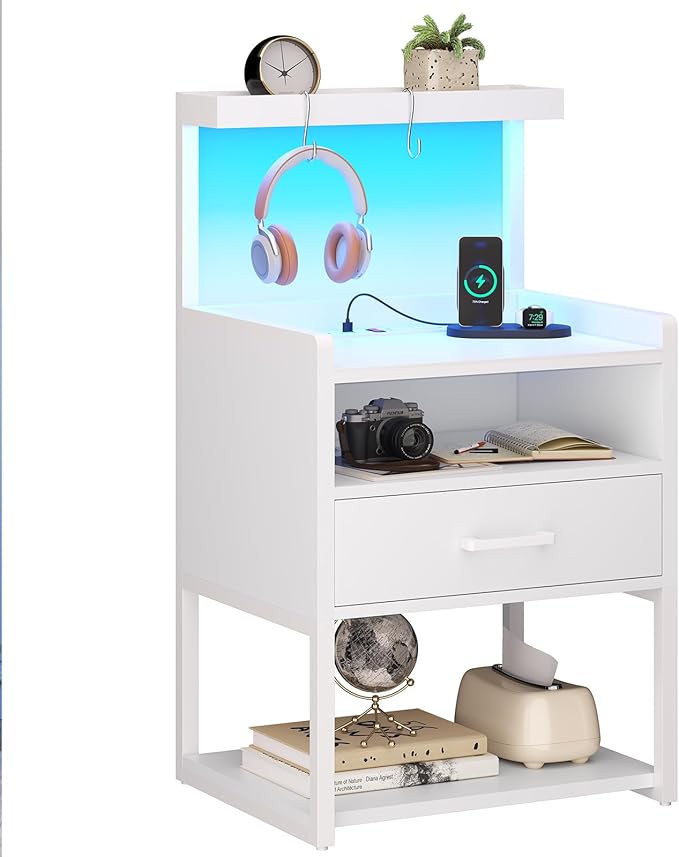 VIAGDO Nightstand with Charging Station and LED Lights, White Night Stand with Drawer, Modern End Side Table with Open Storage Shelves, Bedside Tables for Bedroom, Office