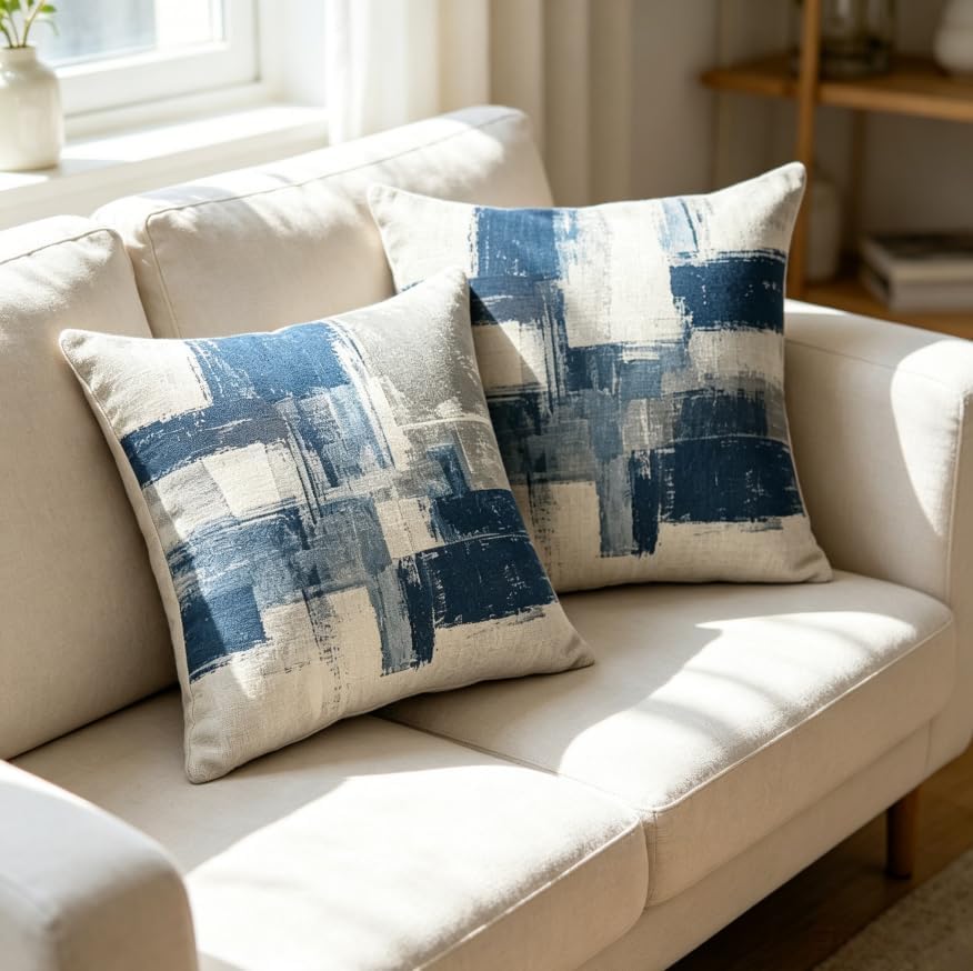 18X18 Inches Abstract Blue Linen Throw Pillow Covers Set of 2 - Image 5