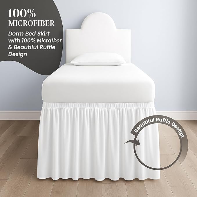 Cottingon Dorm Bed Skirt Twin XL 42" with Split Corners, 100% Microfiber Soft and Stylish, College Room Essential, Extra Long Dust Ruffle for Extended Beds, White