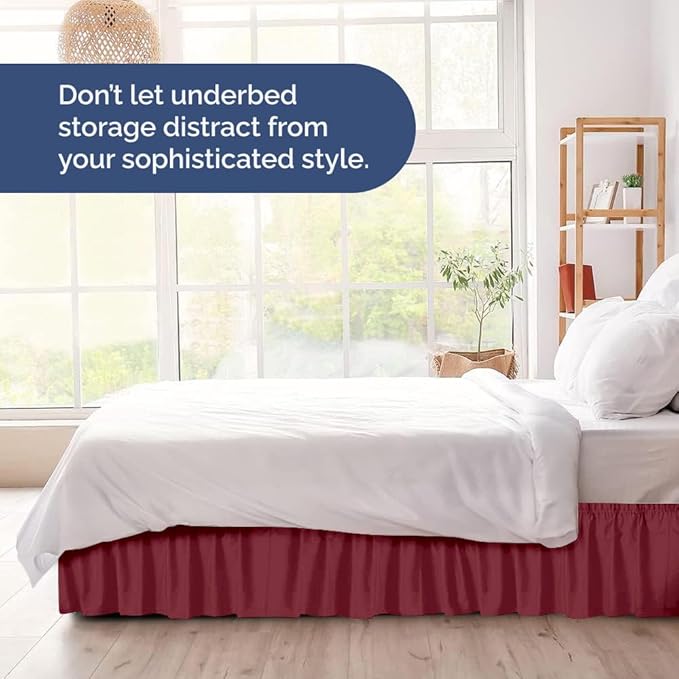 Wrap Around Dust Ruffle Bed Skirt - Burgundy - for Queen Size Beds with 15 Inch Drop - Elastic Strap - Adjustable Pleated Bedskirt with Brushed Fabric and Wrinkle Free - for Women, Men, Kids & Teens