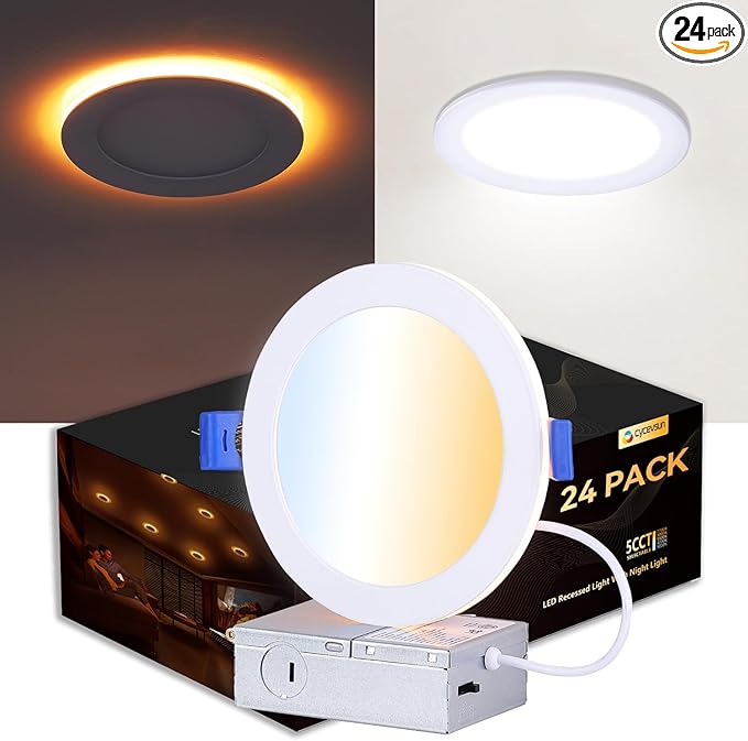 CycevSun 24 Pack 6 Inch LED Recessed Lighting with Night Light - Canless Ultra Thin Wafer Downlight Soffit Pot, Dimmable & 5 Color Temperature Selectable, 12W, ETL & Energy Star